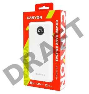Внешний аккумулятор CANYON  PB-2002 Power bank 20000mAh Li-poly battery, Input Type-C 5V3A,9V2A,18W  , Output Type-C：5V3A,9V2.2A,12V1.5A,20W, Output USBA1/USBA2：5V3A,5V/4.5A,4.5V/5A,9V2A,12V1.5A,22.5W147.5*69*28.6mm, 0.437g , cable  Type C, white