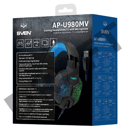 Гарнитура SVEN AP-U980MV, черный-синий (USB, LED, 7.1, 2.2m)