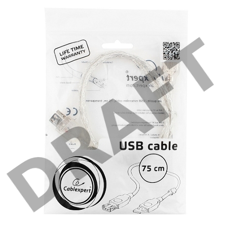 Кабель удлинитель USB2.0 Pro Cablexpert CCF-USB2-AMAF-TR-0.75M, AM/AF, 0,75м, экран, 2феррит.кольца, прозрачный, пакет