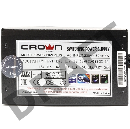 Блок питания CROWN CM-PS500W PLUS (ATX 500W, EMI/CE, 20+4in 450mm, 120mm red FAN, SATA*4, IDE*4, FDD*1, 4+4pin, 6+2pin PCI-E*1, кабель питания 1.2м, слюда)