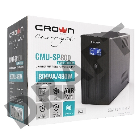 Источник бесперебойного питания CROWN Line Intractive CMU-800EURO LCD USB 800VA\480W, корпус металл, 1x12V/9AH, розетки 4*EURO+1*IEC bypass, трансформатор AVR 145-280V, LCD-дисплей, съёмный кабель 1.2 м, порт RJ11/45, порт USB, защита: от перегрузки, от К