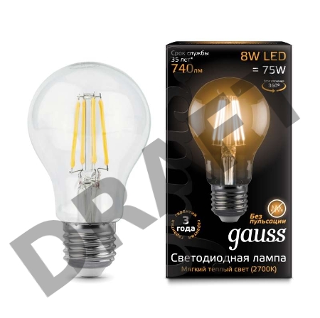 Лампа светодиодная Filament A60 E27 8Вт 2700К GAUSS 102802108