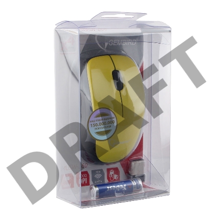 Мышь беспроводная Gembird MUSW-360-LM, 2.4ГГц, лайм, 2 кнопки+колесо-кнопка, 1000 DPI, батарейки в комплекте, блистер