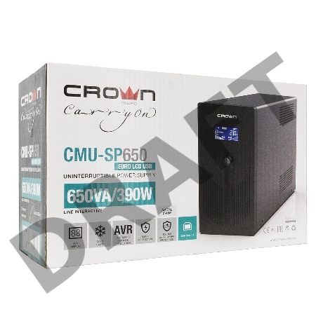 Источник бесперебойного питания CROWN Line Intractive CMU-SP650EURO USB 650VA\360W, корпус металл, 1x12V/7AH, розетки 2*EURO+3*IEC, трансформатор AVR 140-290V, съёмный кабель 1.2 м, порт RJ11/45, порт USB, защита: от перегрузки, от КЗ, от скачков напражен