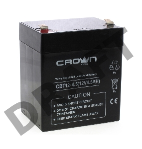 Батарея CROWN CBT-12-4.5, напряжение 12В, ёмкость  4,5 А/Ч, размеры (мм)  90х70х101, вес 1,48 кг, тип клеммы - F2, тип АКБ - свинцово кислотная с загущеным электролитом в гель, срок службы 6 лет