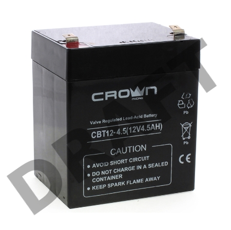 Батарея CROWN CBT-12-4.5, напряжение 12В, ёмкость  4,5 А/Ч, размеры (мм)  90х70х101, вес 1,48 кг, тип клеммы - F2, тип АКБ - свинцово кислотная с загущеным электролитом в гель, срок службы 6 лет