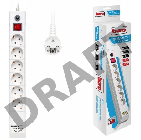Сетевой фильтр Buro BU-SP1.8_USB_2A-W 1.8м (6 розеток) белый (коробка)