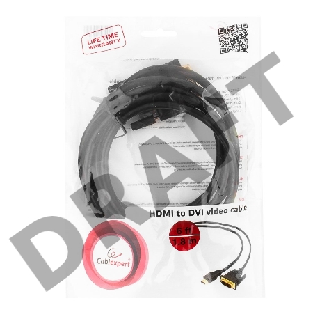 Кабель HDMI-DVI Gembird, 1.8м, 19M/19M, single link, черный, позол.разъемы, экран CC-HDMI-DVI-6