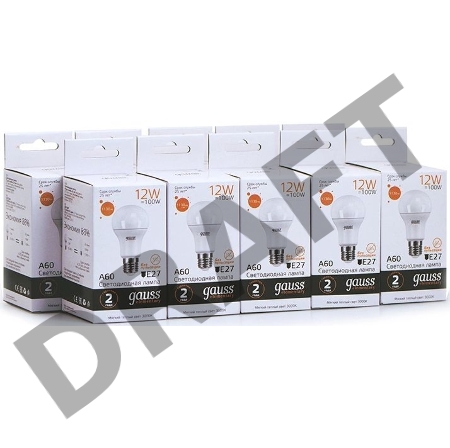 Лампа светодиодная Gauss Elementary 12Вт цок.:E27 груша 220B 3000K св.свеч.бел.теп. A60 (упак.:10шт) (23212)