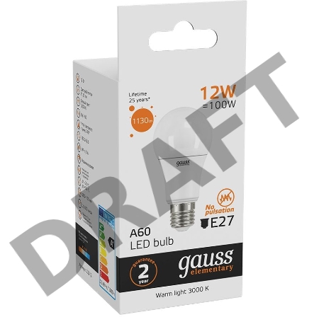 Лампа светодиодная Gauss Elementary 12Вт цок.:E27 груша 220B 3000K св.свеч.бел.теп. A60 (упак.:10шт) (23212)
