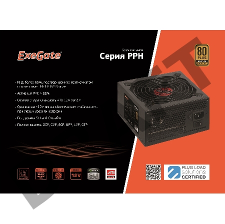 Блок питания 500W ExeGate 500PPH-S 80+Bronze, ATX, black, APFC, 12cm, 24p, (4+4)p, 5*SATA, 3*IDE с защитой от выдергивания