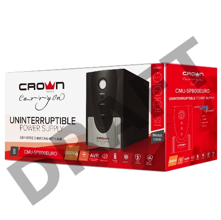 Источник бесперебойного питания CROWN Line Intractive CMU-SP800EURO USB 800VA\480W, корпус металл, 1x12V/9AH, розетки 4*EURO+1*IEC bybass, трансформатор AVR 140-290V, cъёмный кабель 1.2 м, порт RJ11/45, порт USB, защита: от перегрузки, от КЗ, от скачков н