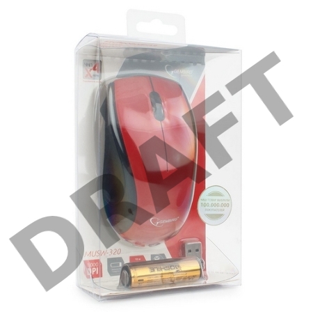 Мышь беспроводная Gembird MUSW-320-R, 2.4ГГц, красный, 2 кнопки+колесо-кнопка, 1000 DPI, батарейки в комплекте, блистер