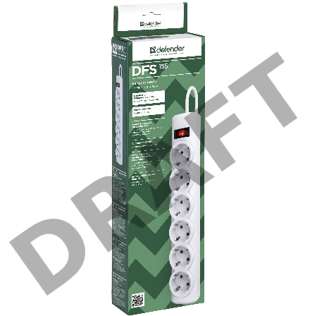 Сетевой фильтр Defender Фильтр DFS 155 5.0 m, 6 розеток, белый 99493
