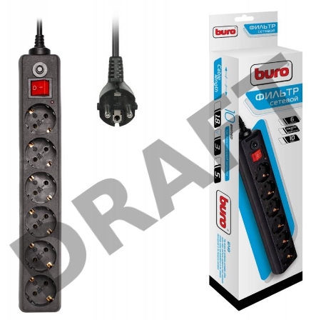 Сетевой фильтр Buro 600SH-3-B 3м (6 розеток) черный (коробка)