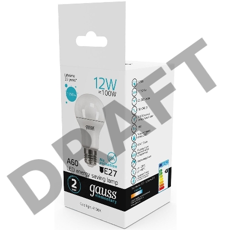 Лампа светодиодная Gauss Elementary 12Вт цок.:E27 груша 220B 4100K св.свеч.бел.ней. A60 (упак.:10шт) (23222)