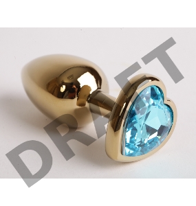 Золотистая анальная пробка с голубым кристаллом-сердцем - 9 см.