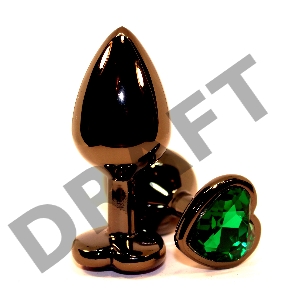 Черная коническая анальная пробка с зеленым кристаллом-сердечком - 8 см.