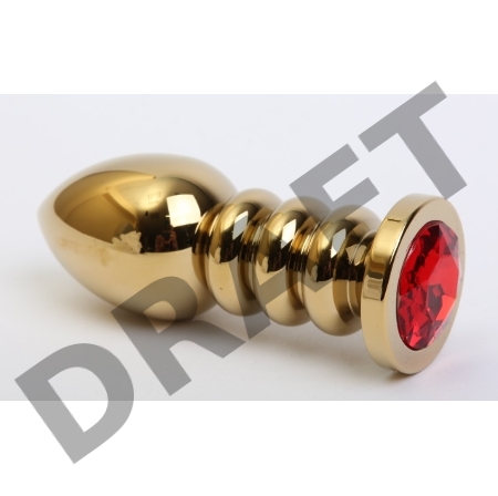 Золотистая фигурная анальная пробка с красным стразом - 10,3 см.