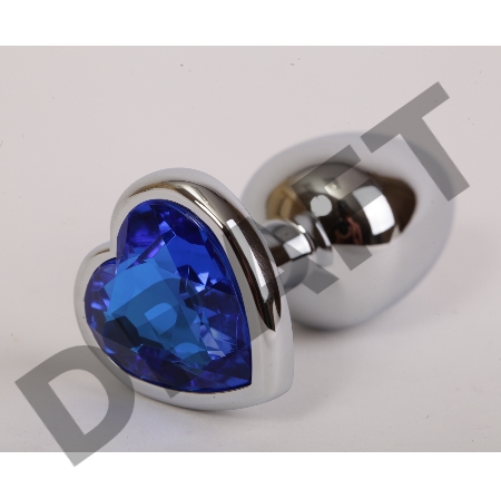 Серебристая анальная пробка с синим стразиком-сердечком - 7,6 см.