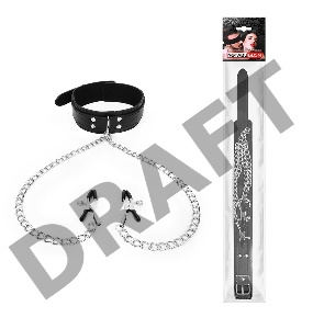 Черный ошейник с зажимами на соски на цепочке