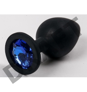 Черная силиконовая анальная пробка с синим кристаллом - 9,5 см.