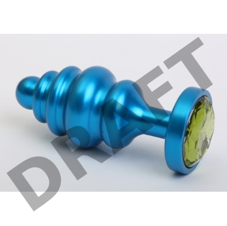 Синяя ребристая анальная пробка с зеленым кристаллом - 7,3 см.