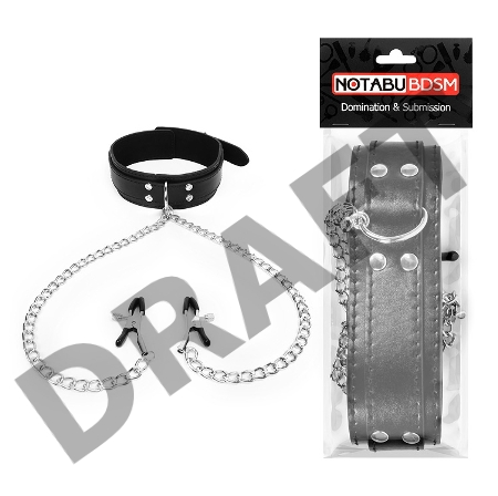 Черный ошейник на регулируемом ремешке с металлическими зажимами для сосков