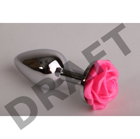 Серебристая анальная пробка с розовой розочкой - 7,6 см.