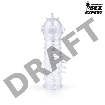 Закрытая прозрачная насадка на пенис с выпуклостями и шипиками - 13,5 см.