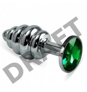 Фигурная анальная пробка с зеленым стразом - 7,6 см.