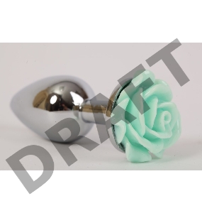 Серебристая анальная пробка с зеленой розочкой - 7,6 см.