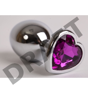 Серебристая анальная пробка с фиолетовым стразиком-сердечком - 8 см.