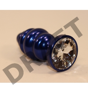 Синяя рифлёная пробка с прозрачным кристаллом - 7,3 см.