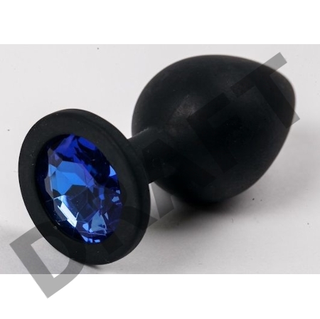 Черная силиконовая анальная пробка с синим кристаллом - 9,5 см.