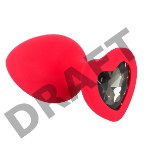 Красная силиконовая анальная пробка с черным стразом-сердечком - 9,3 см.