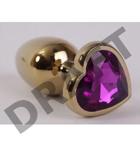 Золотистая анальная пробка с фиолетовым стразиком-сердечком - 8 см.