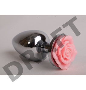 Серебристая анальная пробка со светло-розовой розочкой - 7,6 см.