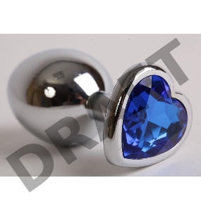 Серебристая анальная пробка с синим кристаллом-сердцем - 9 см.