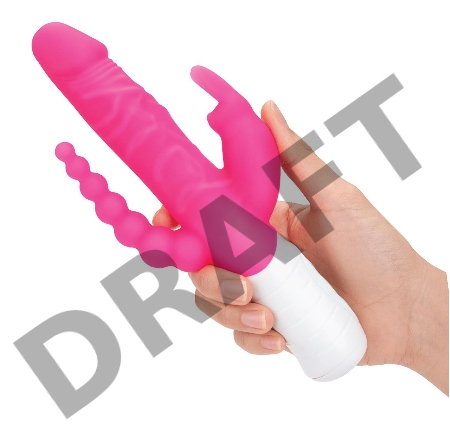 Розовый перезаряжаемый вибратор с 2 дополнительными отростками - 22 см.