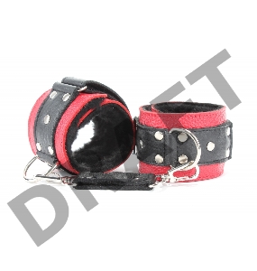 Красно-чёрные кожаные наручники с меховым подкладом
