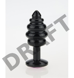 Чёрная ребристая анальная пробка с жёлтым кристаллом - 7,3 см.