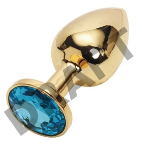 Золотистая металлическая анальная пробка с голубым стразом - 8,2 см.