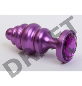 Фиолетовая ребристая анальная пробка с фиолетовым кристаллом - 7,3 см.
