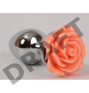 Серебристая анальная пробка с оранжевой розой - 9 см.