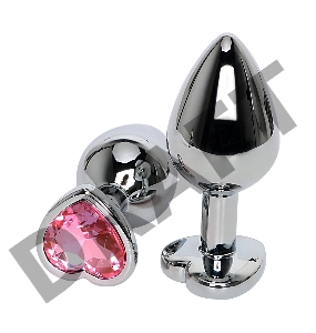 Серебристая анальная пробка с розовым стразиком-сердечком - 8 см.