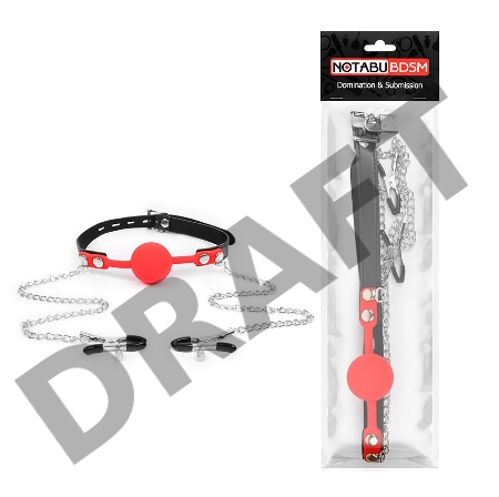 Красный кляп-шарик с зажимами на соски на металлической цепочке