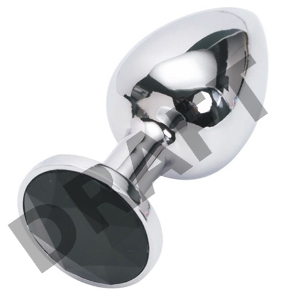 Серебристая анальная пробка с черным кристаллом - 7,6 см.