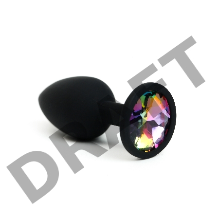 Черная анальная пробочка с радужным стразом - 7,6 см.