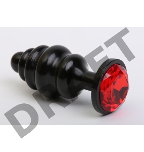 Черная фигурная анальная пробка с красным кристаллом - 8,2 см.